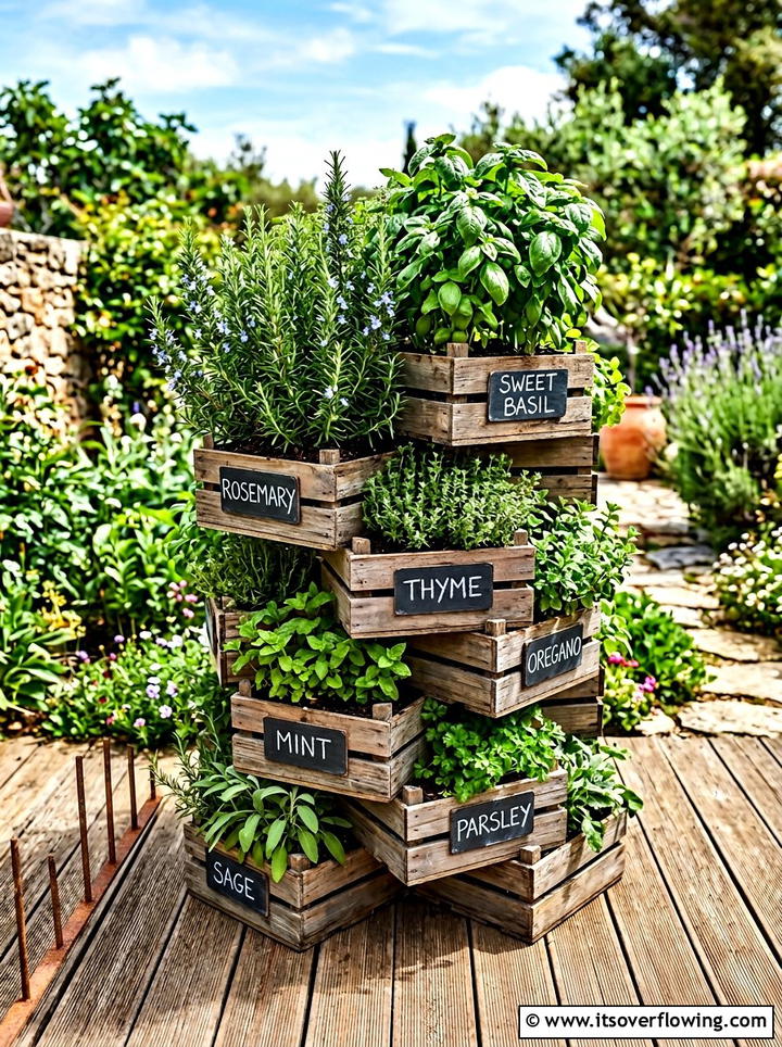 Stacked herb crate garden - 25 backyard ideas with crate planters