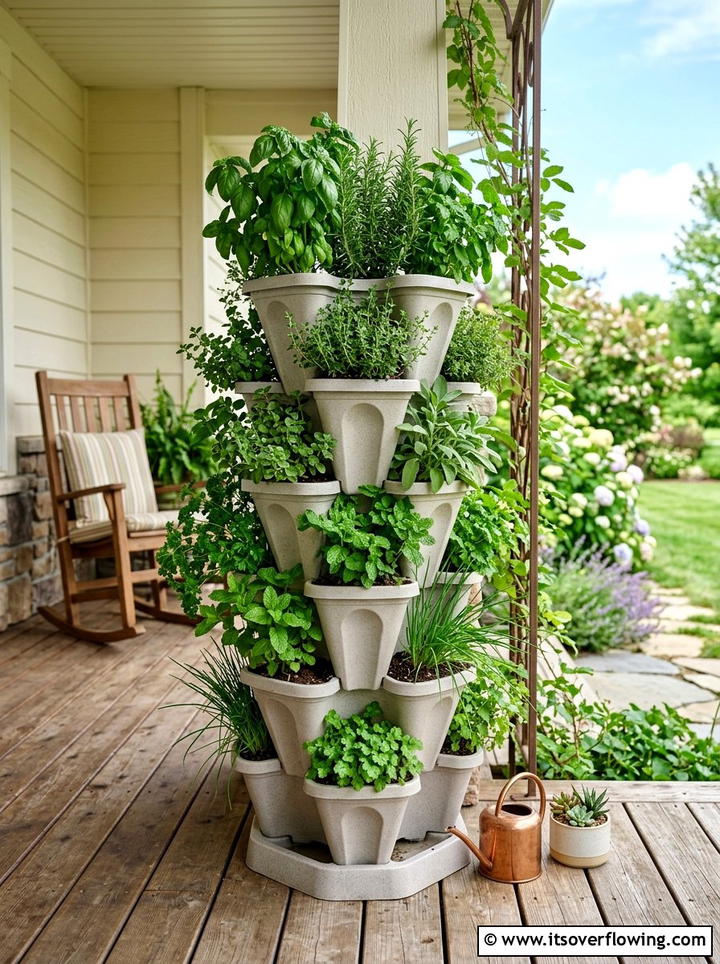 Stacked herb planter tower - 25 front porch ideas with herb planters