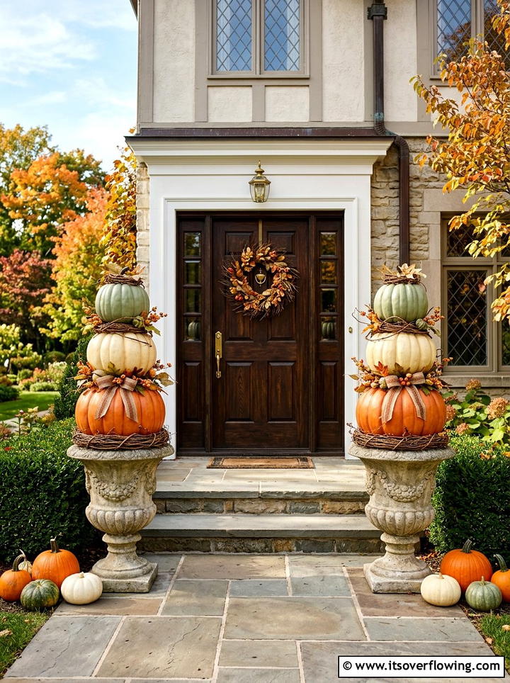 Stacked pumpkin topiary - 25 front porch decor ideas with fake pumpkins