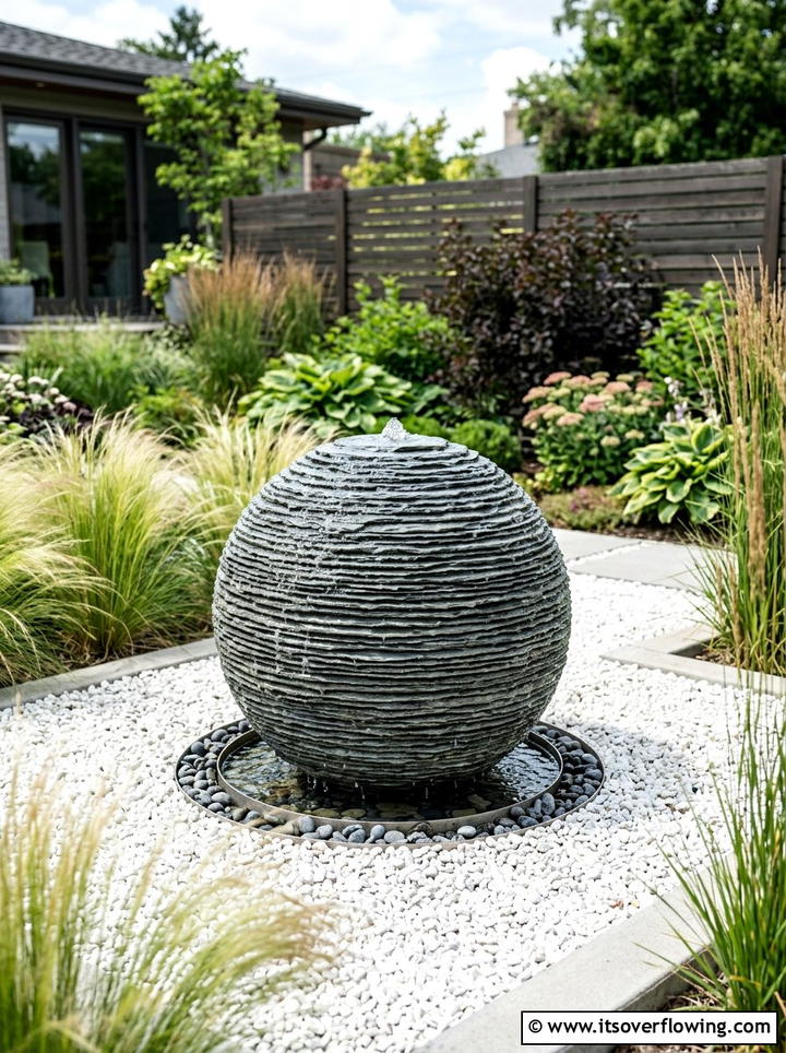 Stacked slate sphere - 25 garden design ideas with water features