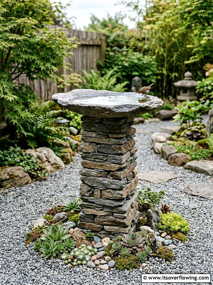 Stacked stone bird bath - 25 upcycled garden ideas with bird baths