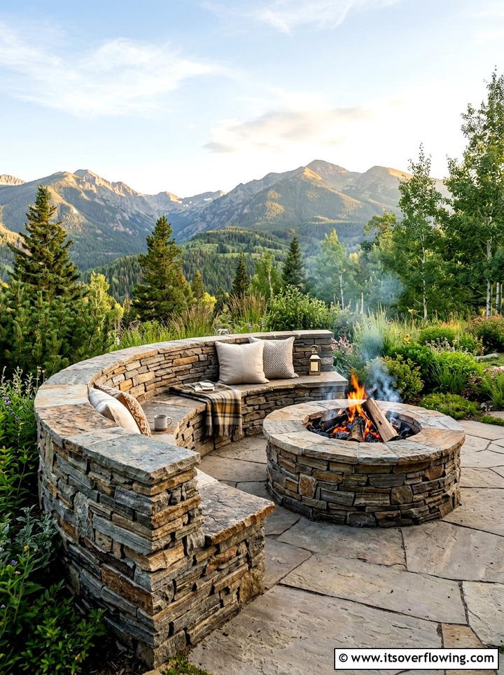 Stacked stone fire pit bench - 25 backyard ideas with stone seating