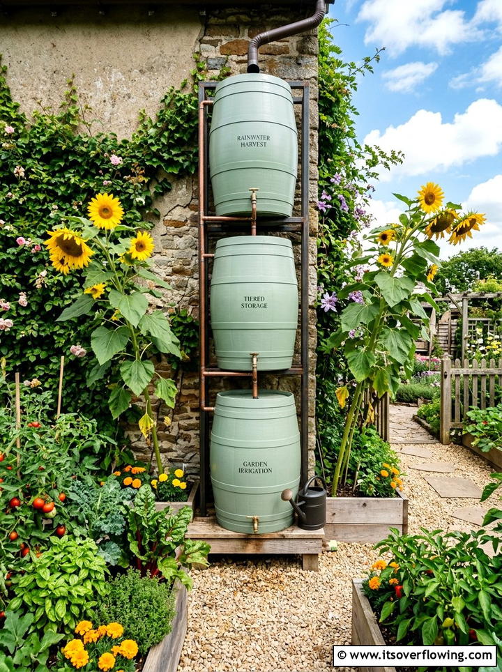 Stacked tiered rain barrels - 25 creative garden ideas with rain barrel displays