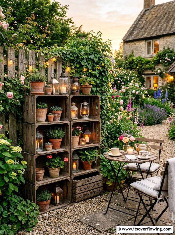 Stacked wood crates with lanterns - 25 garden decor ideas with lanterns