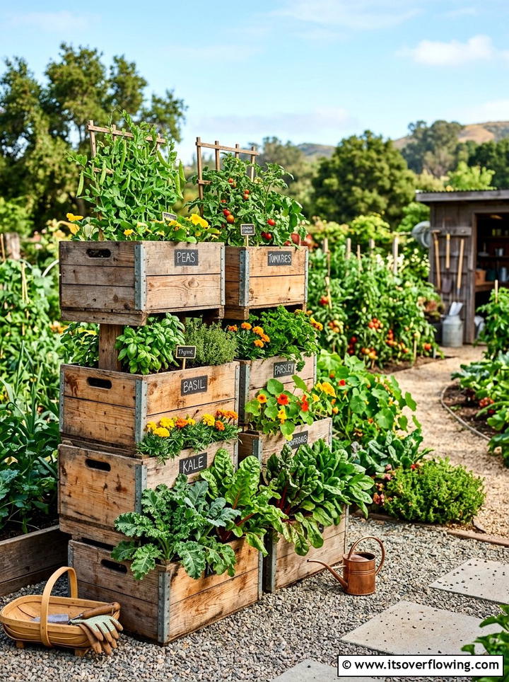 Stacked wooden crate planter - 25 upcycled garden ideas with watering stations