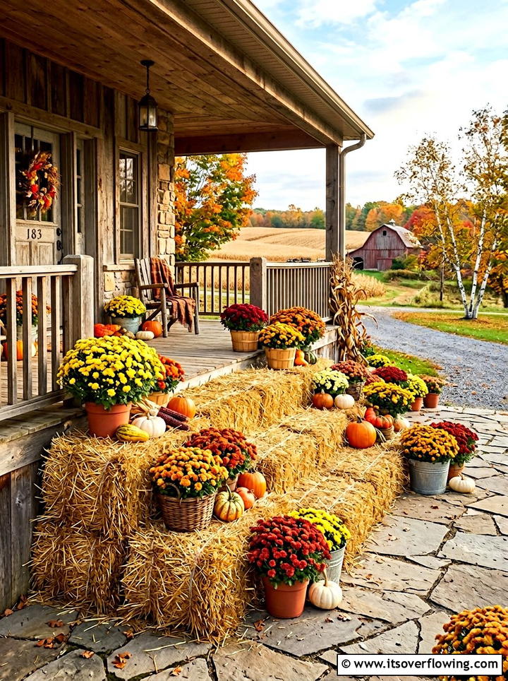 Stacking Hay Bales For Porch Height - 25 front porch decor ideas with mums and hay bales