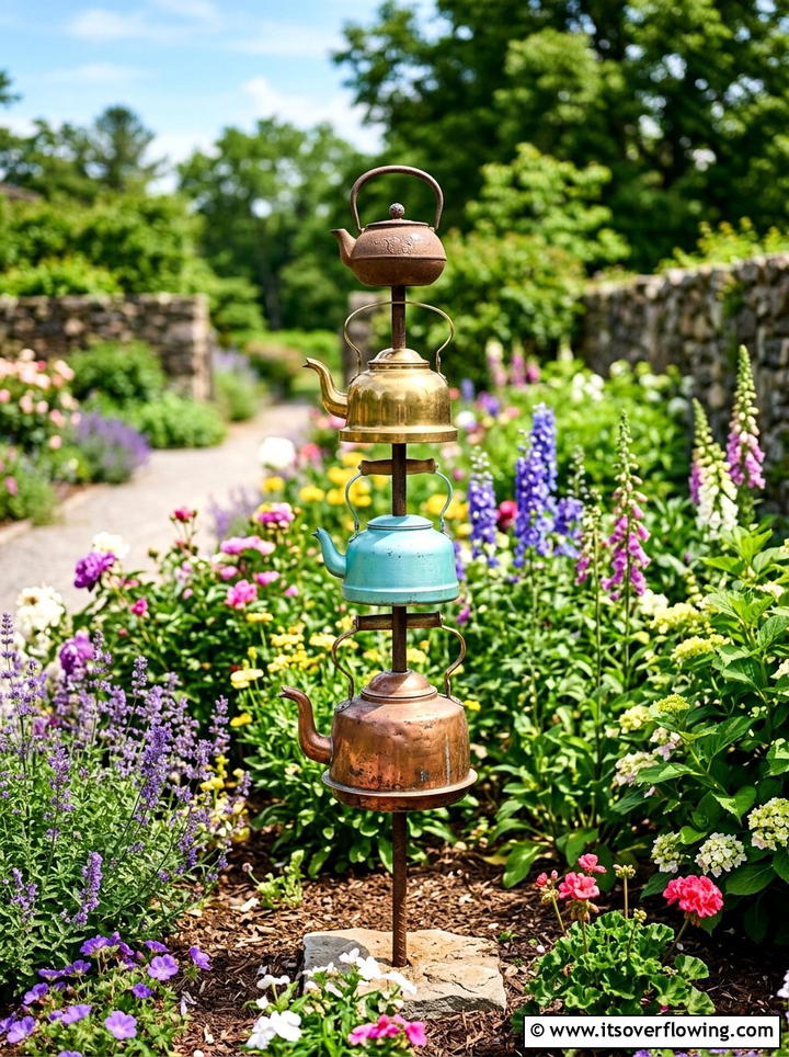 Stacking tea kettles art - 25 upcycled garden ideas with old kettles