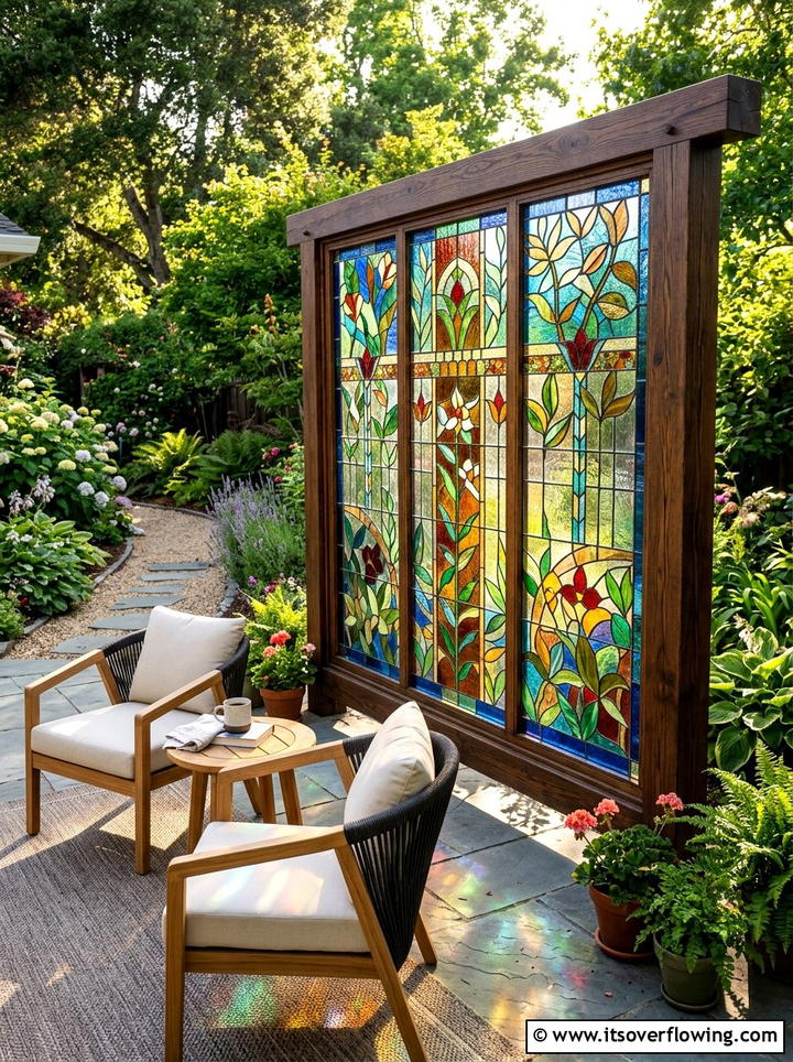 Stained Glass Privacy Screen - 25 recycled garden ideas with recycled glass art