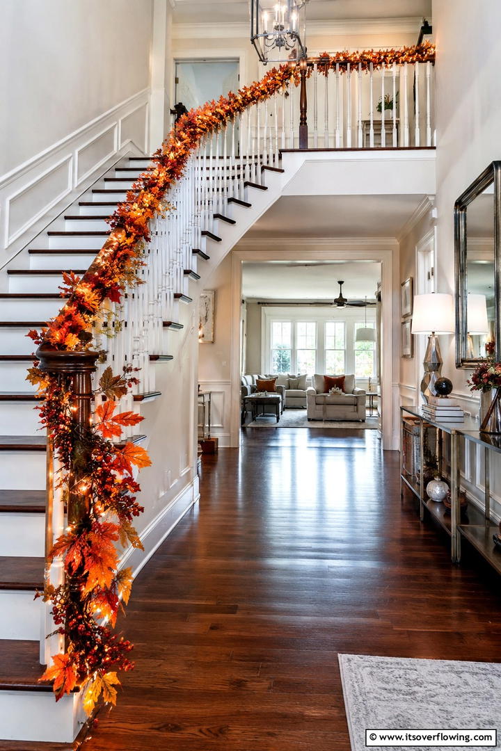 Staircase Banister Accent - 50 Fall Leaves Decor Ideas to Brighten Autumn Rooms