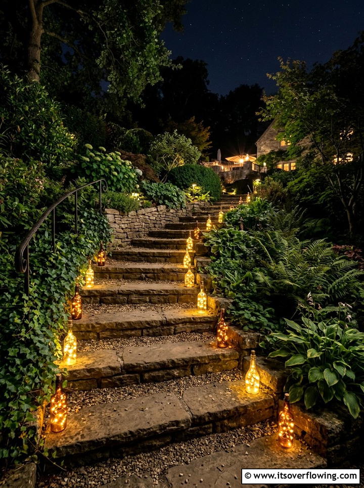Staircase bottle light accent - 25 garden decor ideas with bottle lights