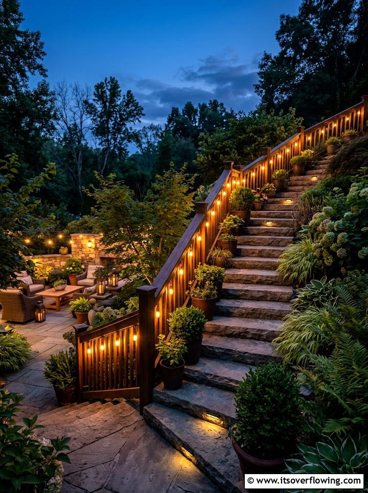 Staircase outdoor lights - 25 garden ideas with string lights