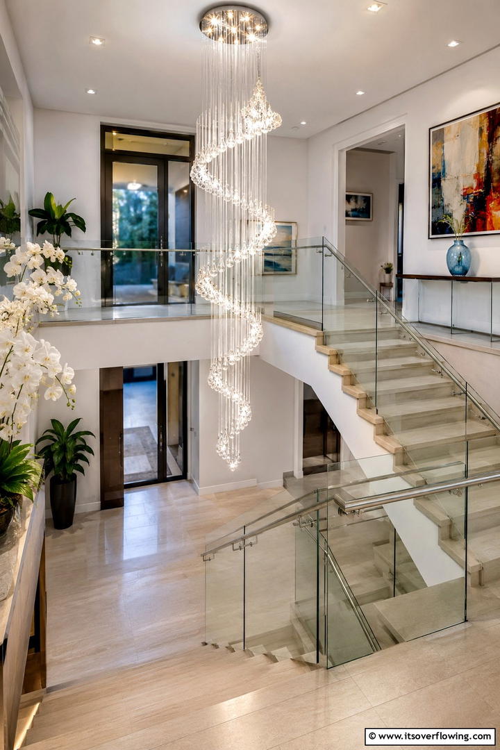Statement Lighting Stair Landing - 30 Stair Landing Ideas to Maximize Functional Spaces