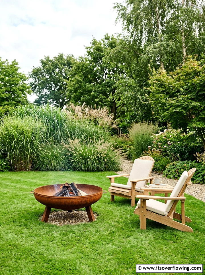 Steel fire bowl on grass - 25 garden ideas with fire pit
