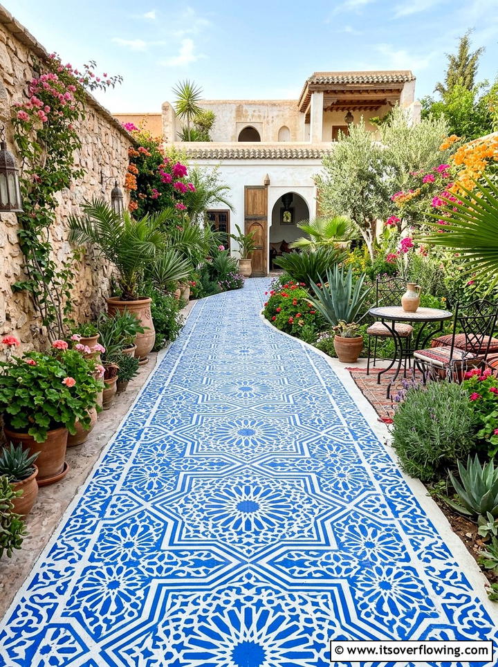 Stenciled Concrete Walkway - 25 cheap garden ideas with pathways