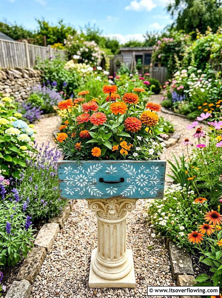Stenciled Garden Drawer Box - 25 recycled garden ideas with old drawers