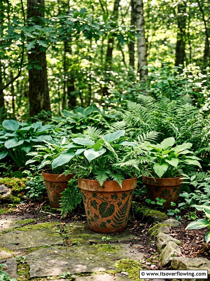 Stenciled Leaf Pattern Pots - 25 garden ideas with painted pots