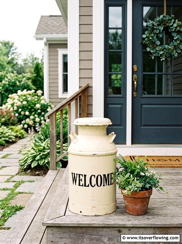 Stenciled Milk Can - 25 front porch decor ideas with old milk cans