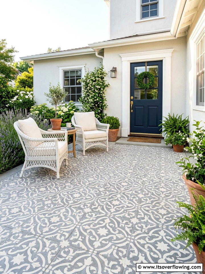 Stenciled floor pattern - 25 front porch ideas with concrete floor