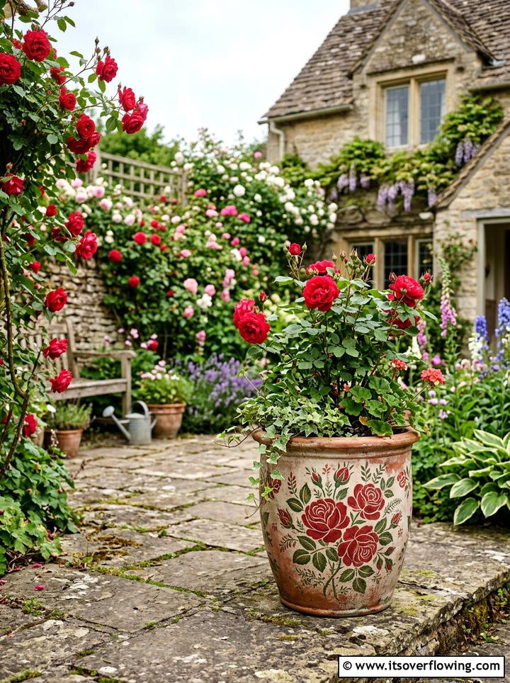 Stenciled floral ceramic pot - 25 front porch ideas with painted pots
