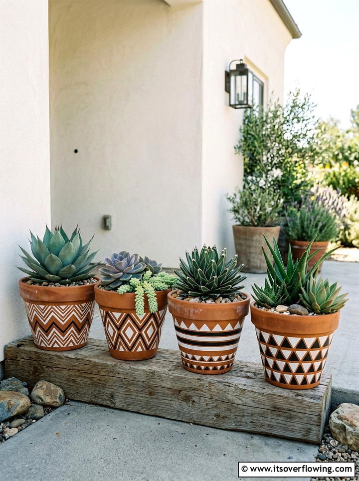Stenciled terracotta planters - 25 front porch ideas with terracotta pots
