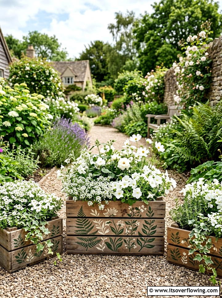 Stenciled wood crate garden - 25 backyard ideas with crate planters