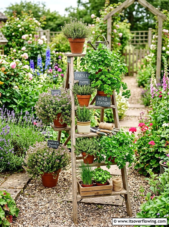 Step Ladder Herb Station - 25 backyard ideas with old ladder planter