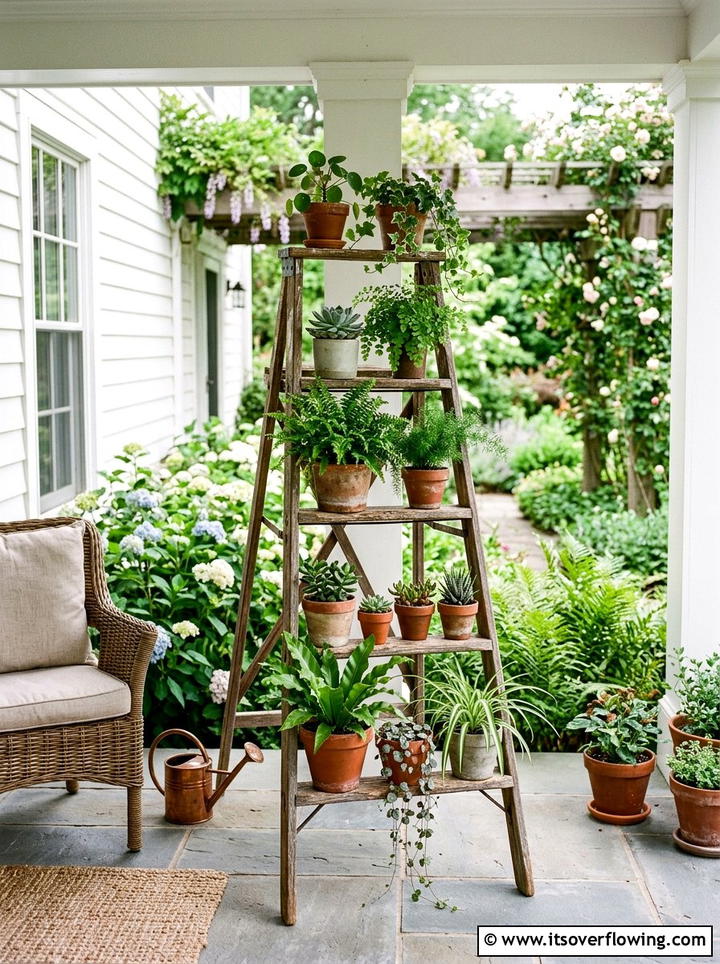 Step ladder plant stand - 25 cheap garden ideas with repurposed containers