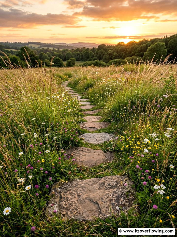 Stepping stone path in tall grass - 25 creative garden ideas with secret pathways