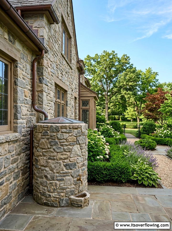 Stone Clad Rainwater Barrel - 25 backyard ideas with rain barrel setup