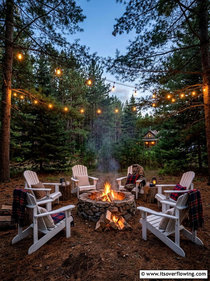 Stone Fire Pit With Adirondack Chairs - 25 backyard ideas with lounge area