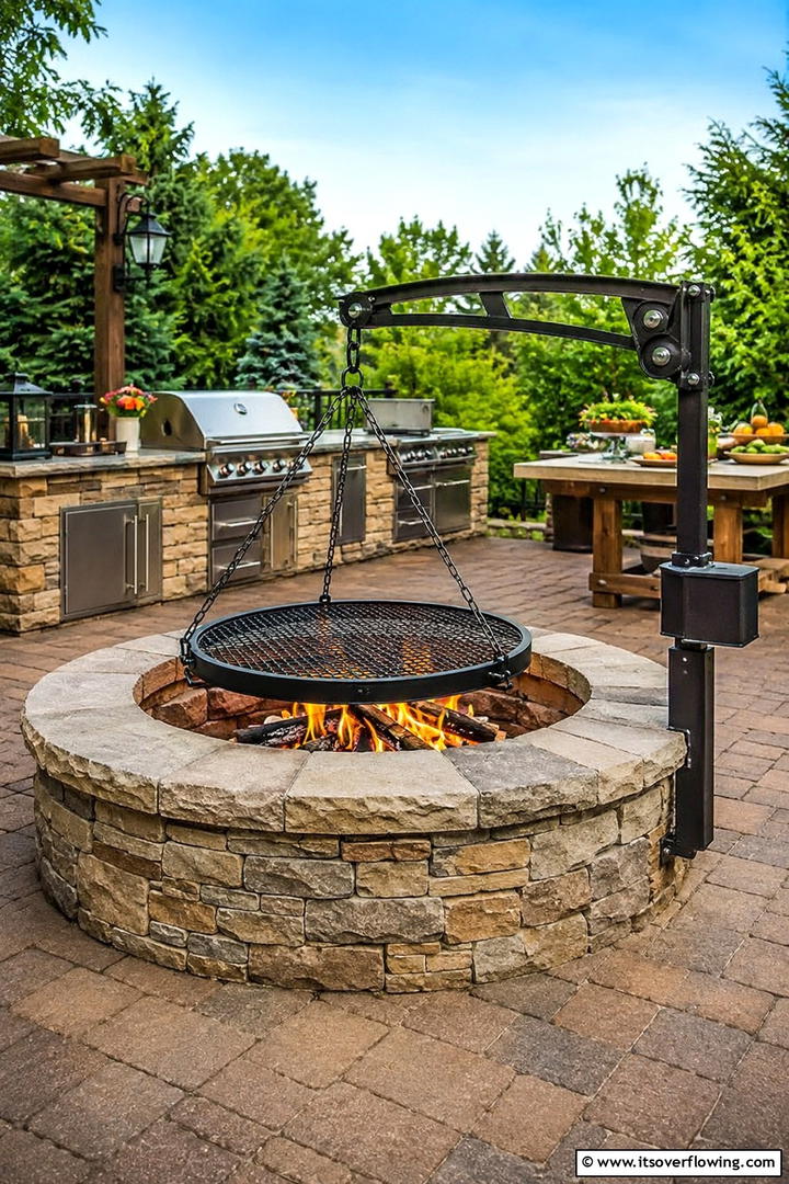 Stone Fire Pit with Built in Grill - 30 Elegant Stone Fire Pit Ideas for Backyard Entertaining