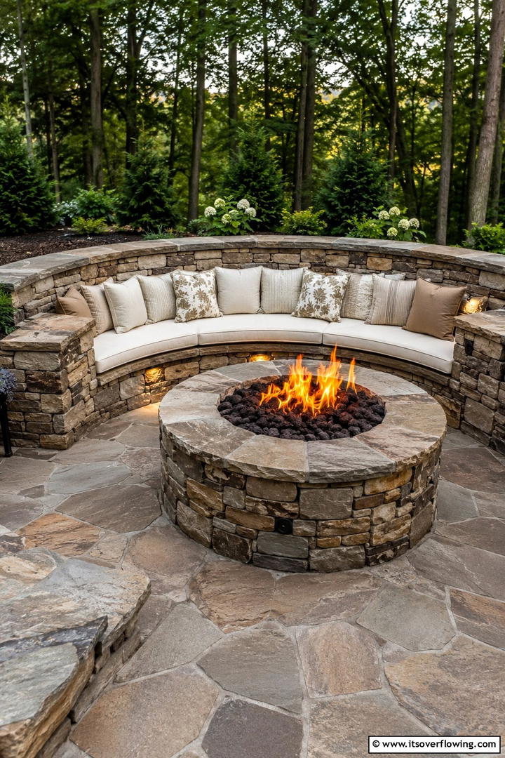 Stone Fire Pit with Integrated Seating - 30 Elegant Stone Fire Pit Ideas for Backyard Entertaining