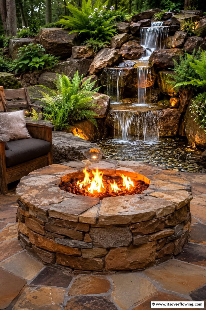 Stone Fire Pit with Water Feature - 30 Rustic Fire Pit Ideas for Cozy Outdoor Gatherings