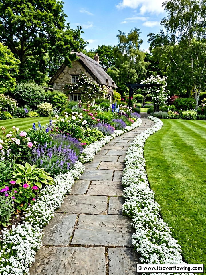 Stone Path Flower Border - 25 backyard decorating ideas with floral displays