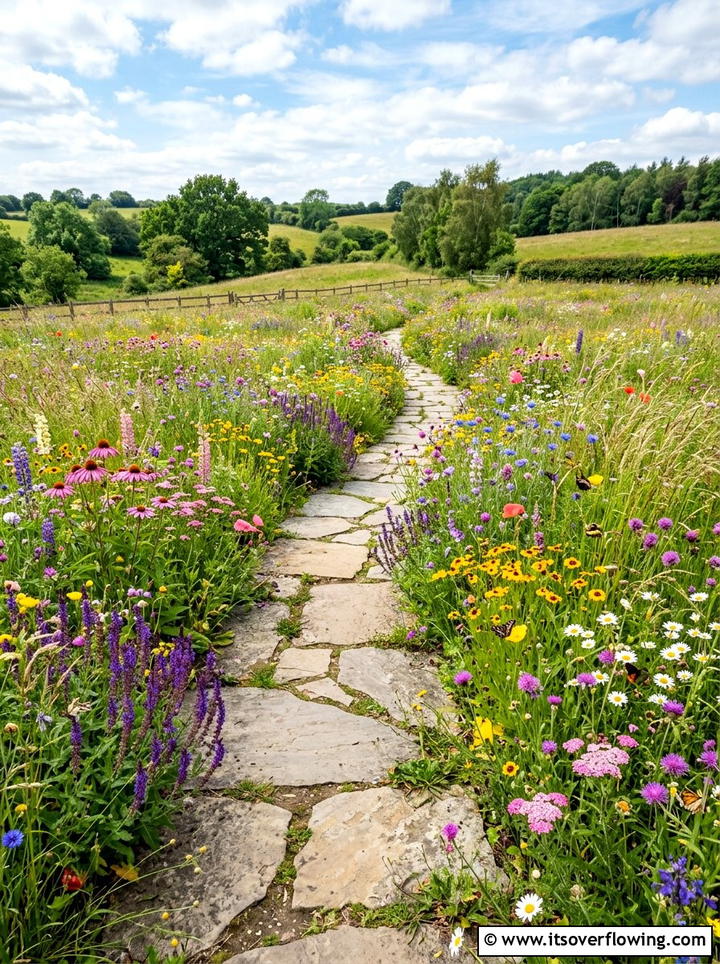 Stone Path Through Wildflower Meadow - 25 garden decor ideas for pollinator gardens