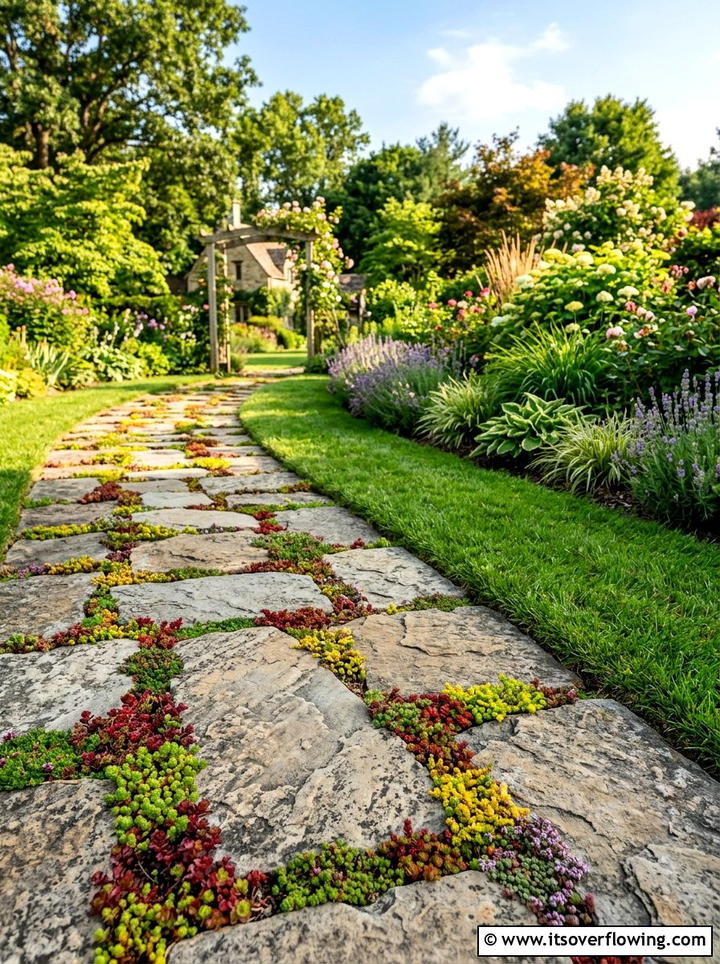 Stone Path with Sedum - 25 garden design ideas with drought tolerant plants