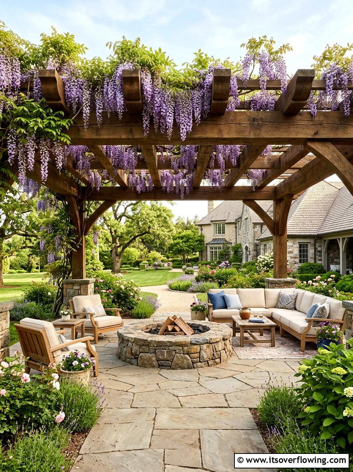 Stone Patio Pergola With Wisteria Sinensis - 25 garden design ideas with pergola and vines