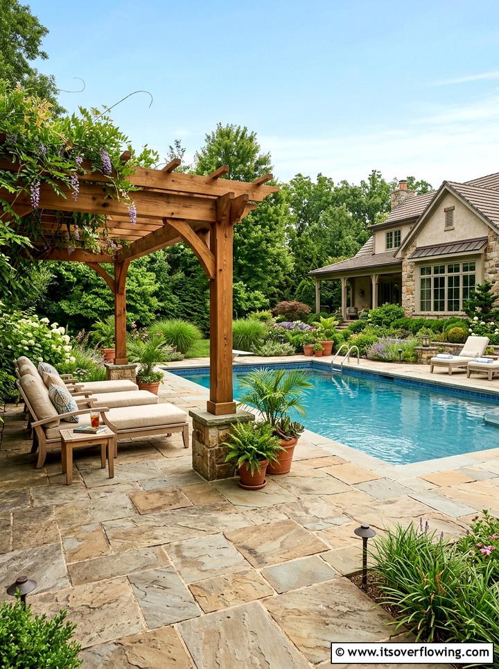 Stone Patio Pool With Cedar Pergola - 25 backyard ideas with pool and pergola