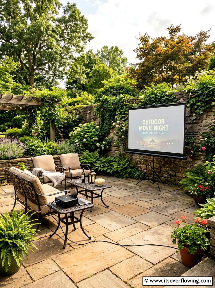 Stone Patio Projector Setup - 25 backyard ideas with projector screen