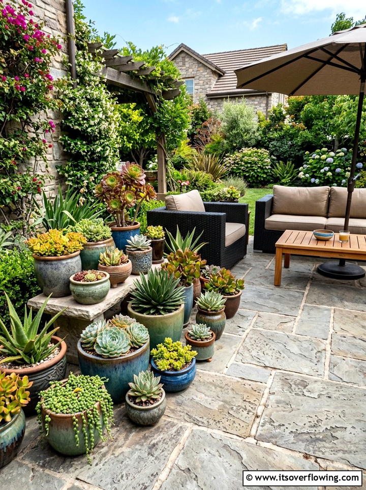 Stone Patio With Potted Succulents - 25 garden design ideas with low water plants