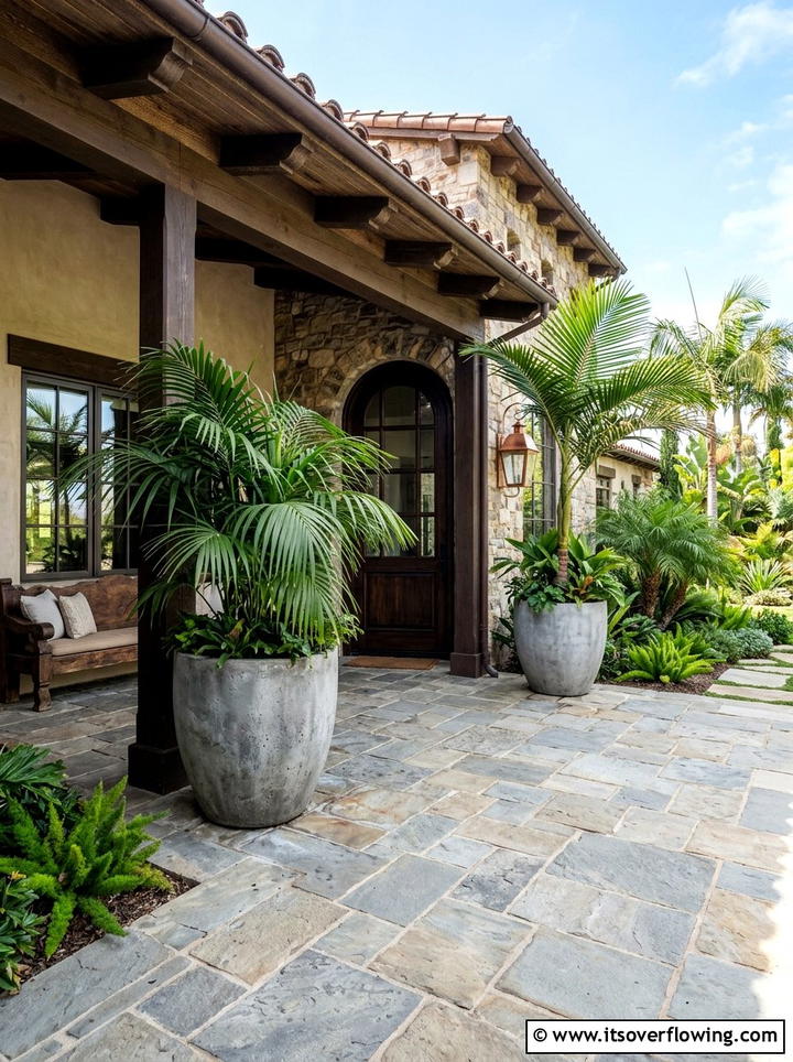 Stone Paver Porch With Oversized Pots - 25 front porch decor ideas with asymmetrical layout