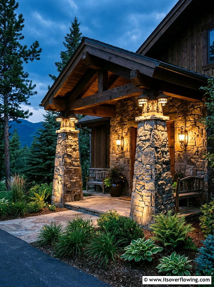 Stone Pillar Porch - 25 front porch ideas with layered lighting