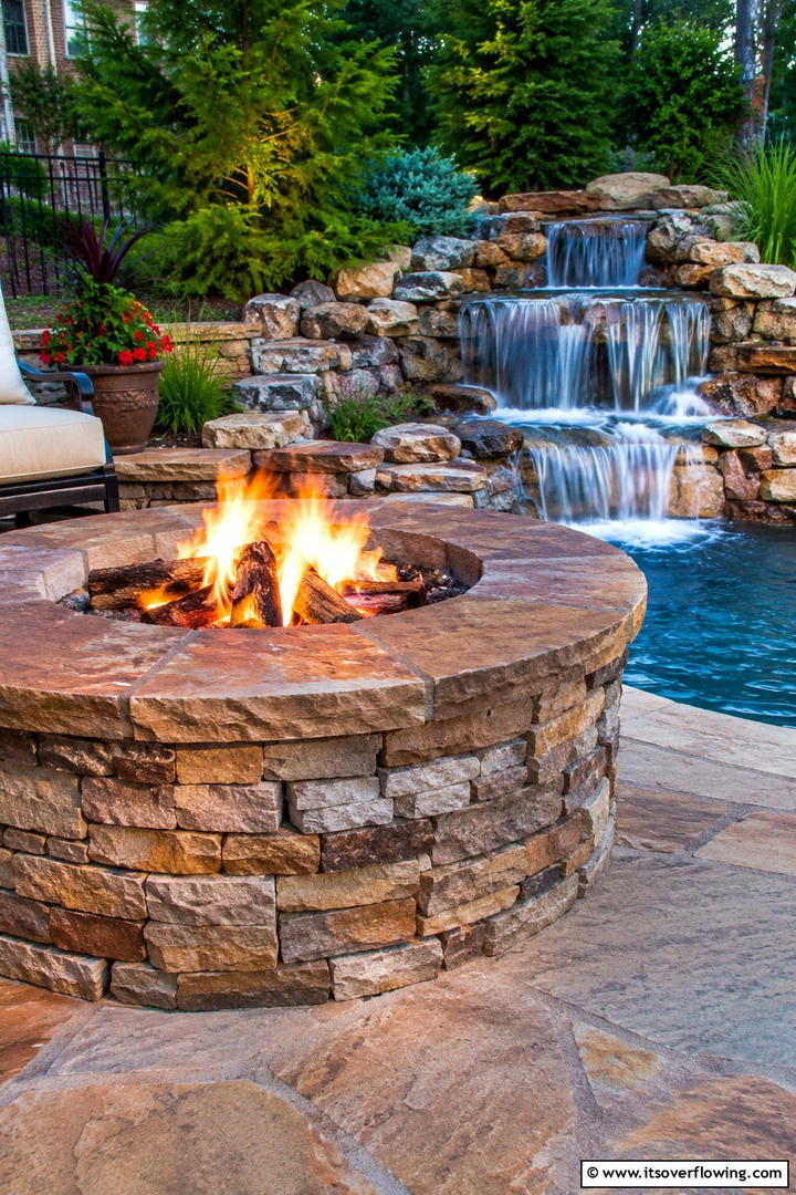 Stone Pit with Water Feature - 30 Elegant Stone Fire Pit Ideas for Backyard Entertaining