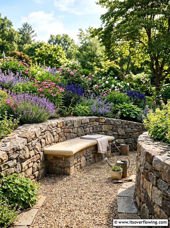 Stone Wall Bench Integrated In Retaining Wall - 25 garden ideas with bench seating