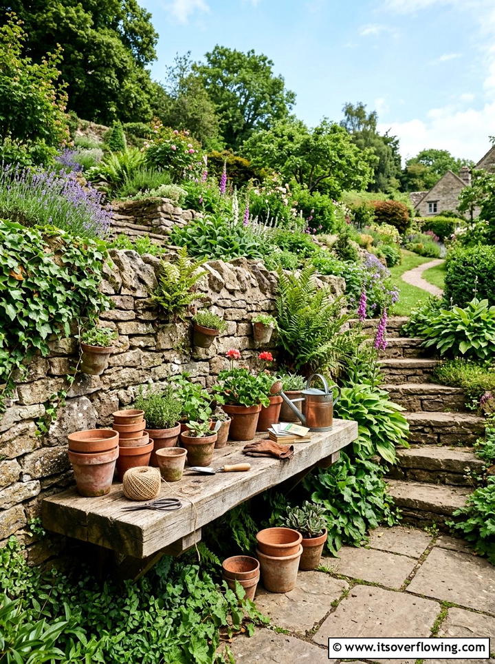 Stone Wall Potting Corner - 25 backyard ideas with potting station