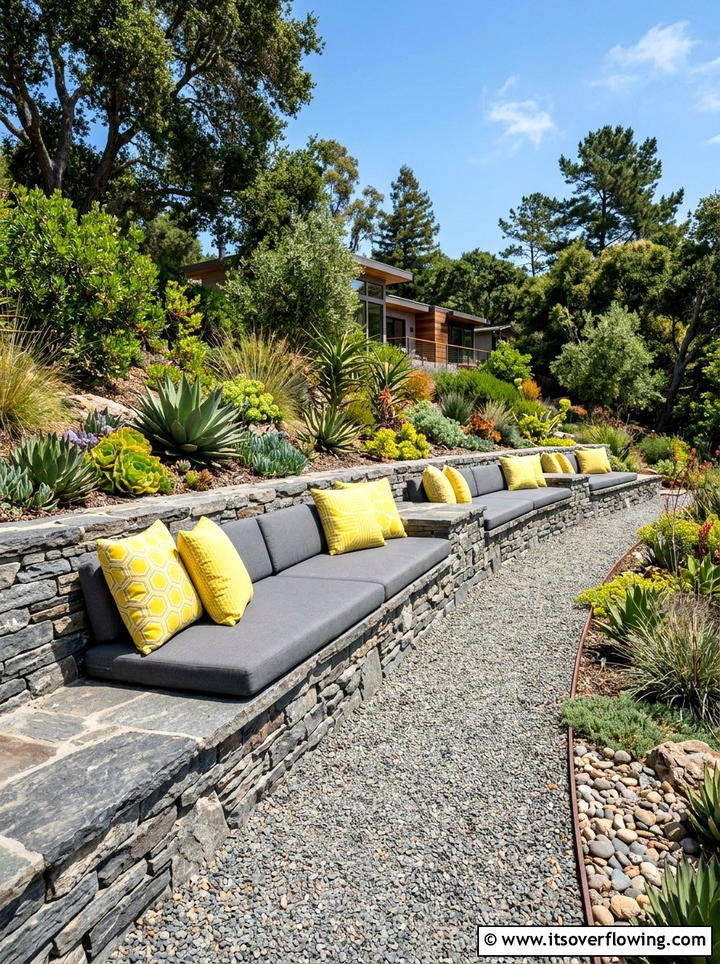 Stone Wall Seating - 25 backyard decorating ideas with pillows