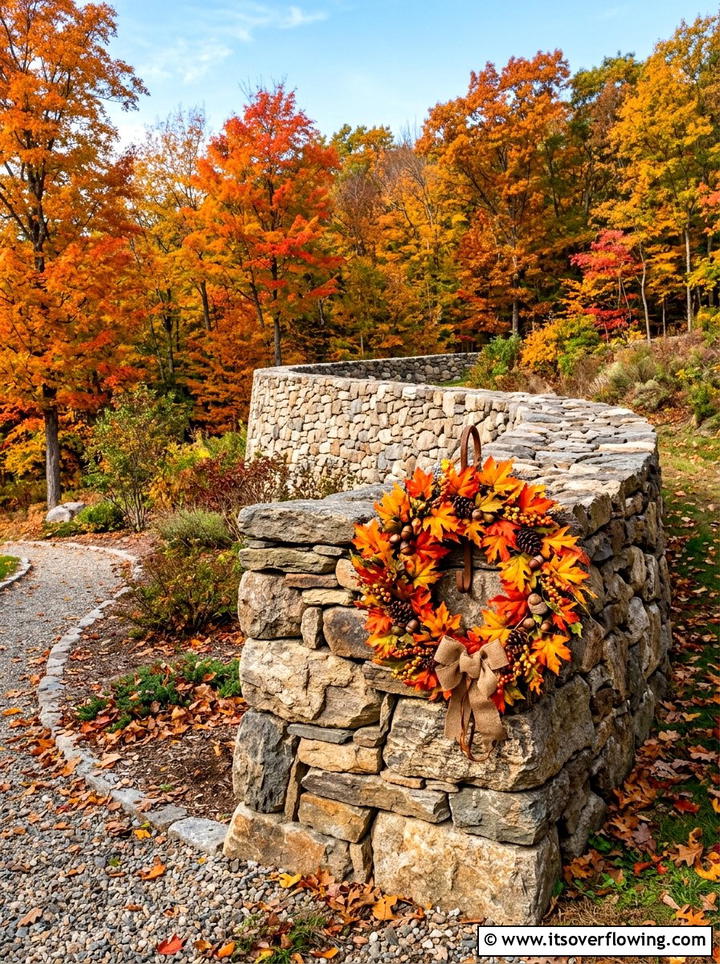 Stone Wall Wreath - 25 garden decor ideas with seasonal wreaths