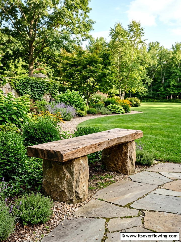 Stone and wood bench - 25 backyard ideas with stone seating