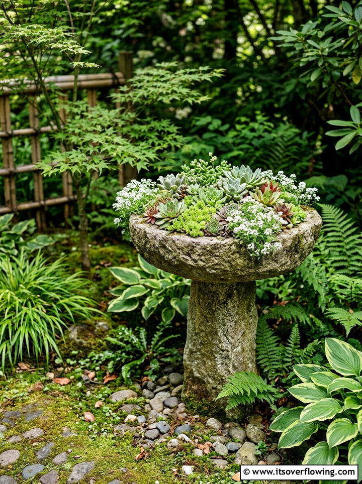 Stone birdbath floral arrangement - 25 garden decor ideas with floral displays