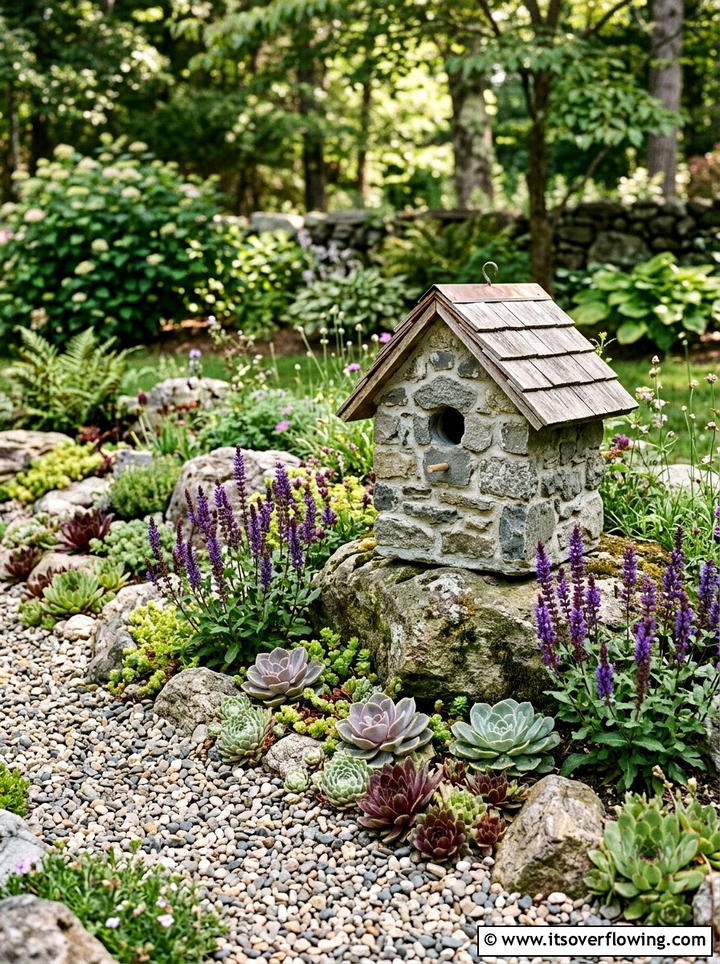 Stone birdhouse in flower bed - 25 garden decor ideas with birdhouses